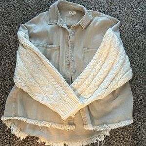 POL brand jacket with sweater sleeves. Tan Jean material with cream sleeves.